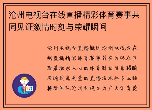 沧州电视台在线直播精彩体育赛事共同见证激情时刻与荣耀瞬间